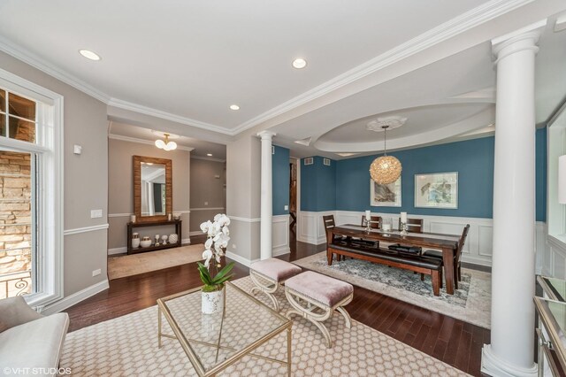 1219 Parkside Ln, Deerfield, IL 60015 - living room with ornate columns, hardwood / wood-style floors, wainscoting, recessed lighting, and ornamental molding