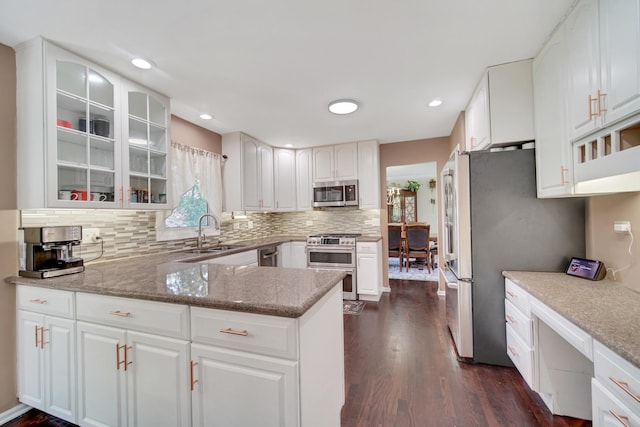 4227 N Walnut Ave, Arlington Heights, IL 60004 - kitchen featuring stainless steel appliances, dark wood-type flooring, backsplash, glass insert cabinets, and light stone countertops