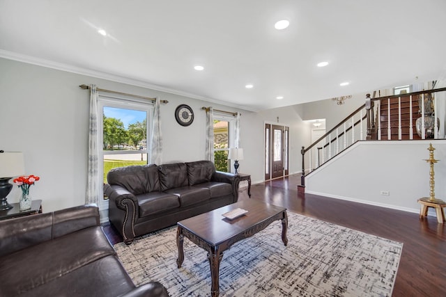 4227 N Walnut Ave, Arlington Heights, IL 60004 - living room featuring wood finished floors, stairs, crown molding, and recessed lighting