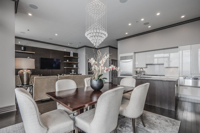 225 N Columbus Dr Unit 8008, Chicago, IL 60601 - dining space featuring ornamental molding, dark wood-style floors, a chandelier, and recessed lighting