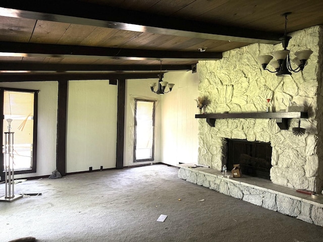 26048 S Dixie Hwy, Crete, IL 60417 - unfurnished living room with carpet flooring, a wooden ceiling with exposed beams, a fireplace, and a chandelier