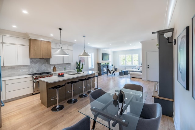 1016 N Hermitage Ave Unit 1, Chicago, IL 60622 - kitchen with high end stainless steel range, open floor plan, light wood-style floors, tasteful backsplash, and a breakfast bar