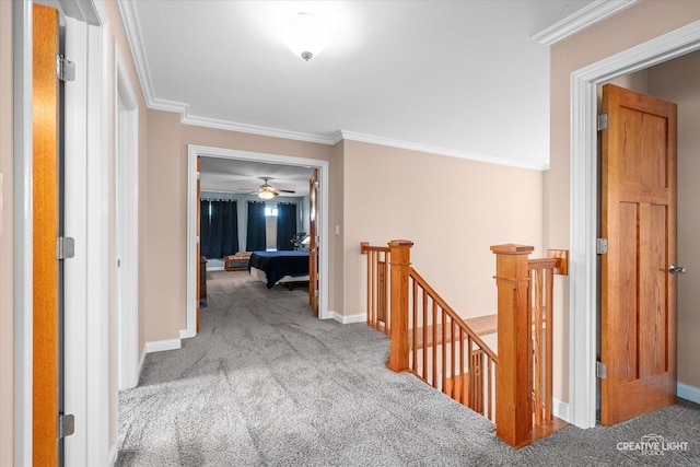 431 Blue Ridge Ct, Oswego, IL 60543 - corridor featuring an upstairs landing, carpet, and ornamental molding