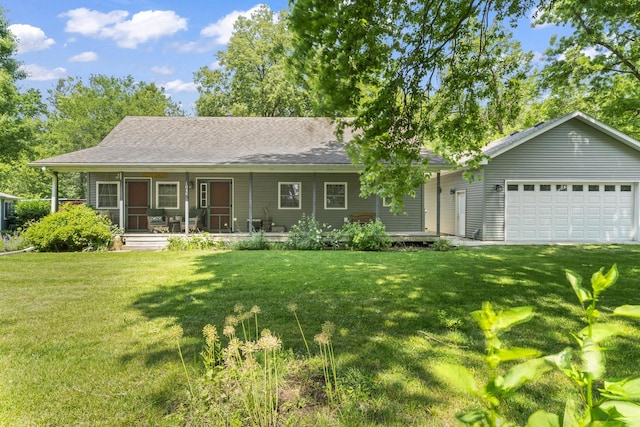 1046 N Riverside Dr, Momence, IL 60954 - ranch-style house featuring a front yard, a garage, a porch, and a shingled roof