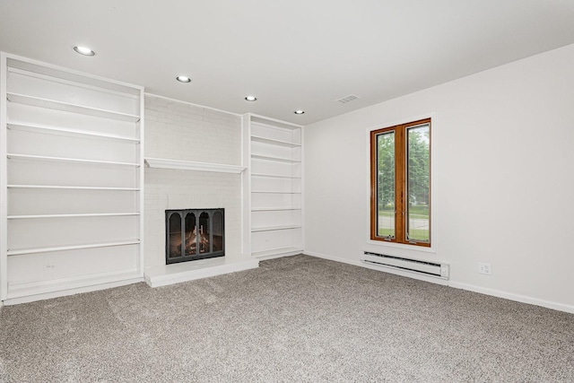 1500 Bunescu Ln, Buffalo Grove, IL 60089 - unfurnished living room featuring a baseboard heating unit, recessed lighting, carpet floors, a fireplace, and baseboards