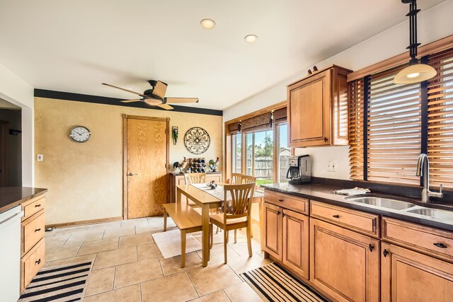 9001 Mobile Ave, Oak Lawn, IL 60453 - kitchen with a ceiling fan, light tile patterned flooring, dishwasher, decorative light fixtures, and brown cabinets