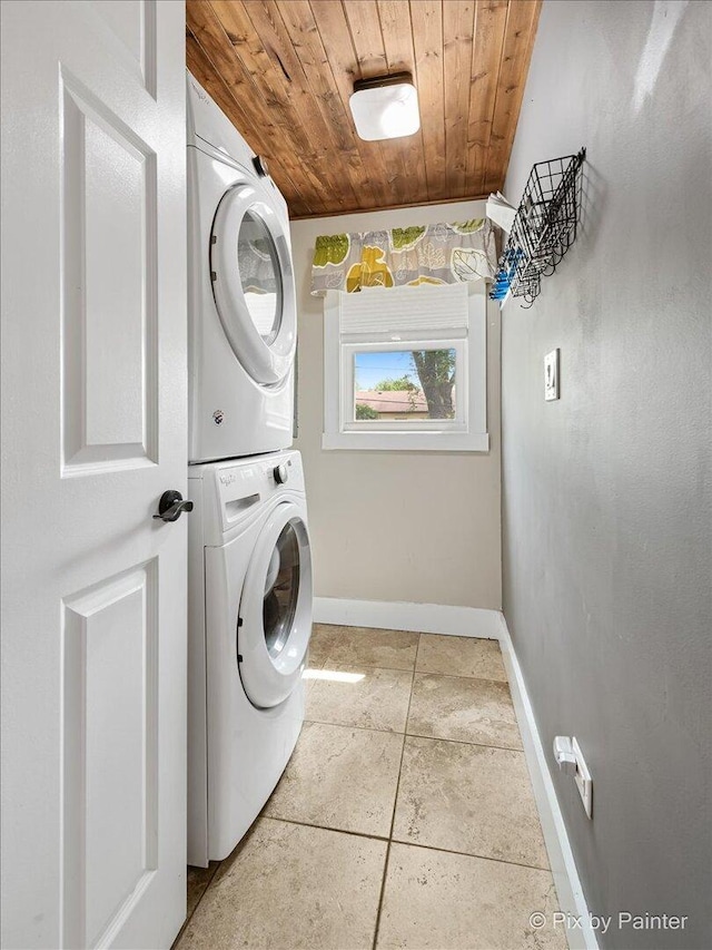 5502 Thelen Ave, Mchenry, IL 60050 - washroom featuring stacked washing machine and dryer and wood ceiling