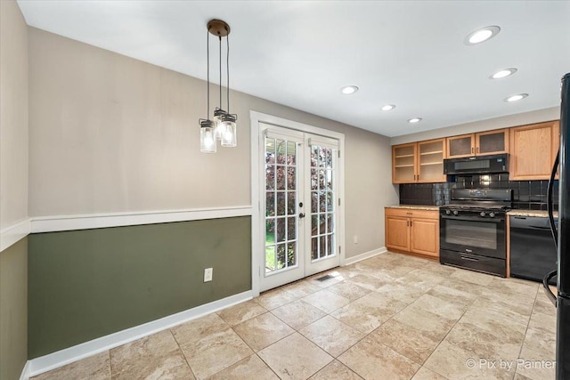 5502 Thelen Ave, Mchenry, IL 60050 - kitchen featuring black appliances, tasteful backsplash, glass insert cabinets, recessed lighting, and french doors