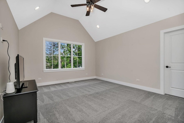 20111 N Woodland Cir, Mokena, IL 60448 - unfurnished living room featuring a ceiling fan, lofted ceiling, carpet, and recessed lighting