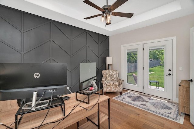 20111 N Woodland Cir, Mokena, IL 60448 - office space with wood finished floors, a ceiling fan, and a raised ceiling