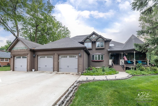 645 Saint Christopher Ct, Aurora, IL 60506 - view of front of house featuring a garage, a front lawn, driveway, a porch, and roof with shingles