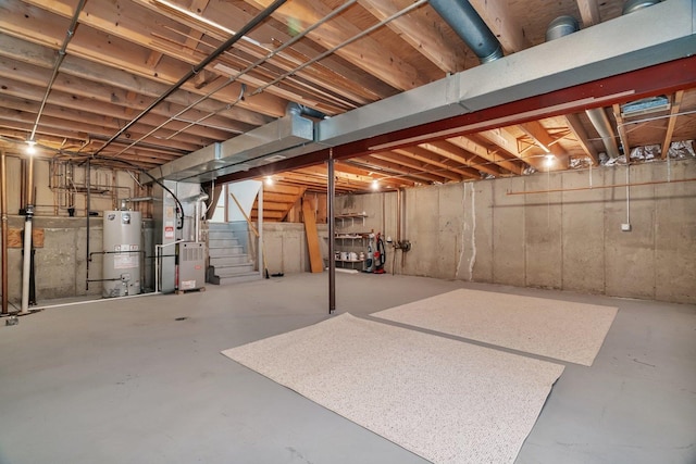 8932 Pebble Beach Ln, Orland Park, IL 60462 - unfinished basement with gas water heater, stairway, and heating unit