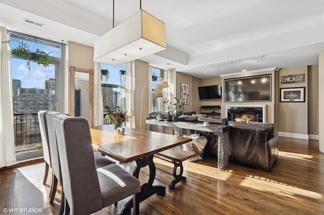 165 N Canal St Unit 1231, Chicago, IL 60606 - dining space with wood finished floors, a glass covered fireplace, ornamental molding, and track lighting