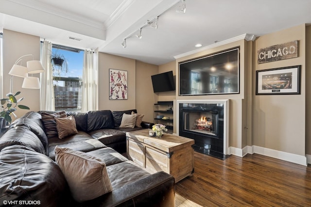 165 N Canal St Unit 1231, Chicago, IL 60606 - living room with rail lighting, dark wood-style flooring, a lit fireplace, and ornamental molding