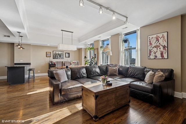 165 N Canal St Unit 1231, Chicago, IL 60606 - living area with dark wood-type flooring, a raised ceiling, and track lighting