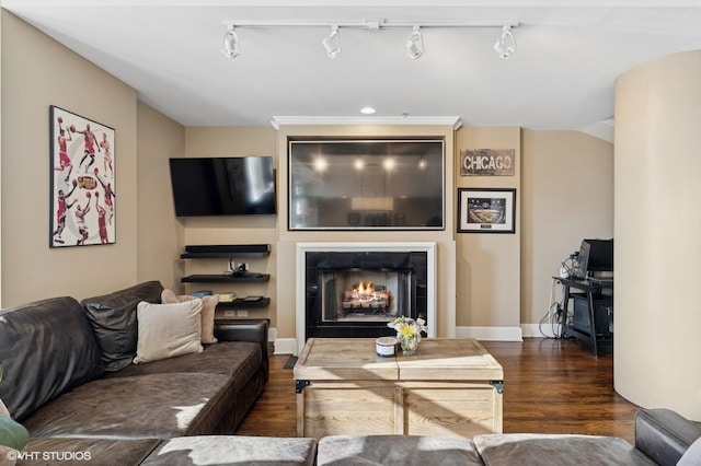 165 N Canal St Unit 1231, Chicago, IL 60606 - living area featuring a lit fireplace, wood finished floors, and track lighting