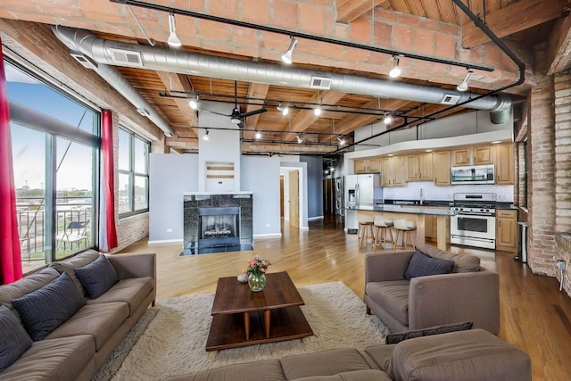 2310 S Canal St Unit 401, Chicago, IL 60616 - living room with track lighting, light wood-type flooring, a high ceiling, a high end fireplace, and a wood ceiling with exposed beams