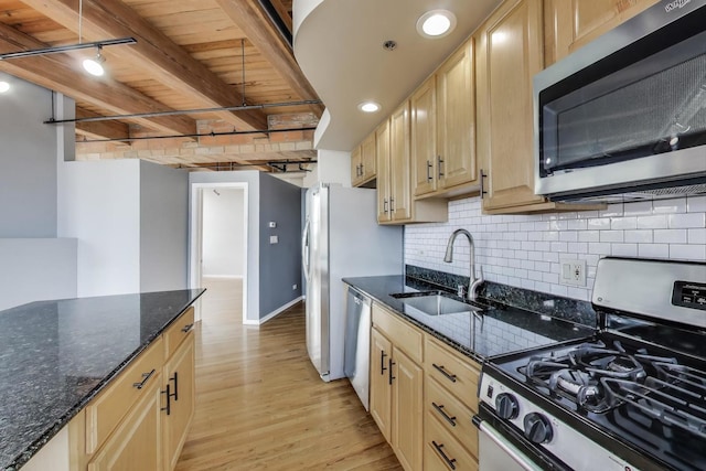 2310 S Canal St Unit 401, Chicago, IL 60616 - kitchen with appliances with stainless steel finishes, light wood-style flooring, backsplash, a wooden ceiling with exposed beams, and light brown cabinets
