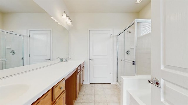 3201 Rockwell Cir, Mundelein, IL 60060 - bathroom featuring a stall shower, tile patterned floors, a bath, and double vanity
