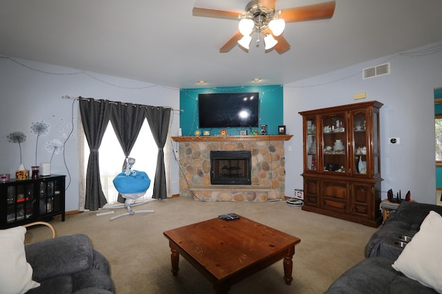 1053 Sycamore St, Beecher, IL 60401 - carpeted living room with a ceiling fan and a fireplace