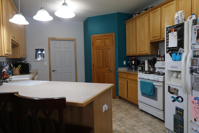 1053 Sycamore St, Beecher, IL 60401 - kitchen with white appliances, light countertops, a peninsula, a kitchen breakfast bar, and light flooring