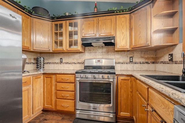 107 W 10th St, Gridley, IL 61744 - kitchen featuring stainless steel appliances, extractor fan, backsplash, and open shelves