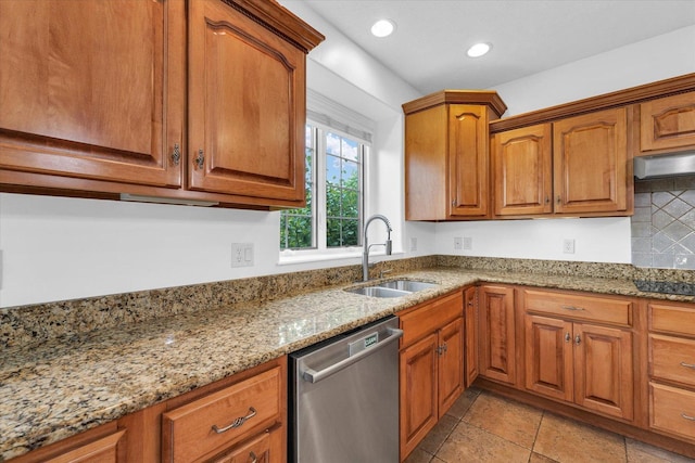 1904 Mullikin Dr, Champaign, IL 61822 - kitchen featuring stainless steel dishwasher, light stone counters, brown cabinetry, and recessed lighting