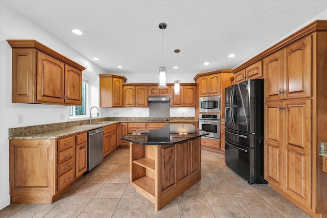 1904 Mullikin Dr, Champaign, IL 61822 - kitchen with black appliances, brown cabinets, a kitchen island, recessed lighting, and open shelves