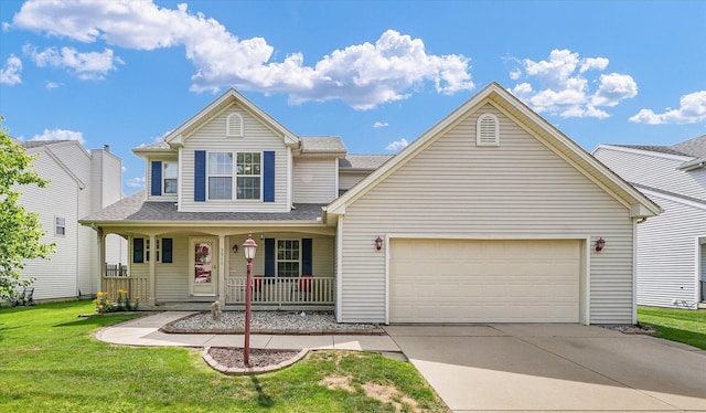 3911 Tallgrass Dr, Champaign, IL 61822 - traditional home featuring covered porch, concrete driveway, an attached garage, a front yard, and roof with shingles