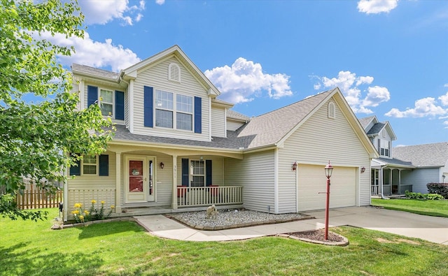 3911 Tallgrass Dr, Champaign, IL 61822 - traditional-style house with concrete driveway, covered porch, an attached garage, a front lawn, and a shingled roof
