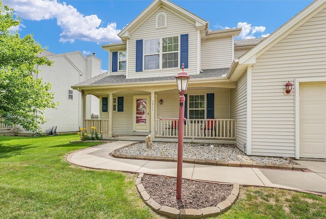 3911 Tallgrass Dr, Champaign, IL 61822 - traditional home featuring a porch, a front yard, roof with shingles, and an attached garage