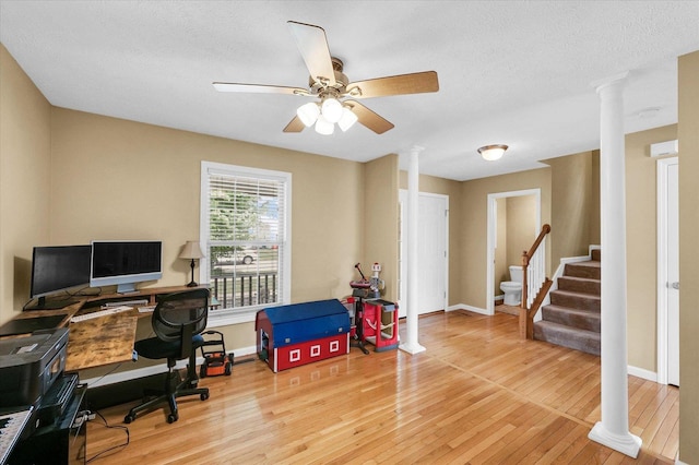 3911 Tallgrass Dr, Champaign, IL 61822 - home office featuring wood finished floors, decorative columns, ceiling fan, and a textured ceiling