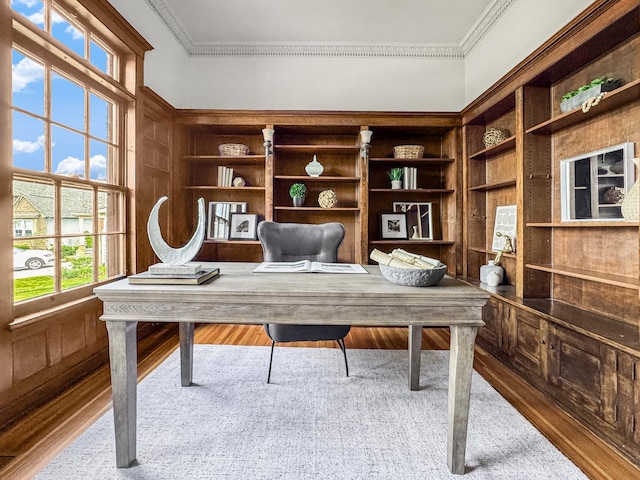 141 Loretto Ct, Wheaton, IL 60189 - office space featuring crown molding, built in shelves, wood finished floors, wood walls, and a towering ceiling