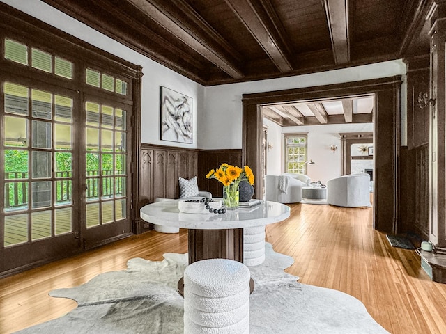 141 Loretto Ct, Wheaton, IL 60189 - dining area with a wood ceiling with exposed beams, wainscoting, and light wood finished floors