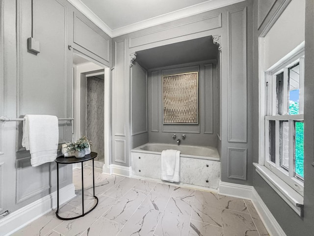 141 Loretto Ct, Wheaton, IL 60189 - full bath with marble look tile flooring, a garden tub, and crown molding