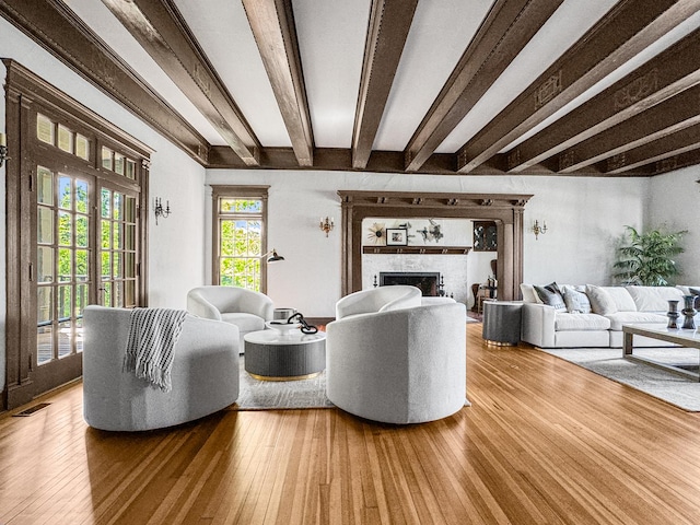 141 Loretto Ct, Wheaton, IL 60189 - living area featuring beam ceiling, a fireplace, and wood finished floors