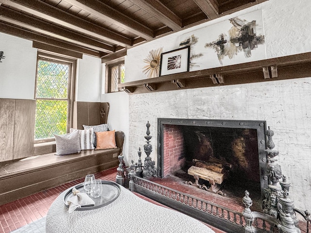 141 Loretto Ct, Wheaton, IL 60189 - detailed view of a fireplace and a wooden ceiling with exposed beams