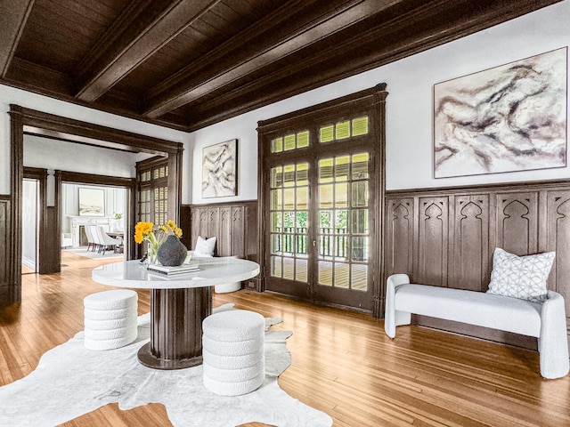 141 Loretto Ct, Wheaton, IL 60189 - dining room with a wooden ceiling with exposed beams, hardwood / wood-style floors, crown molding, a decorative wall, and a wainscoted wall