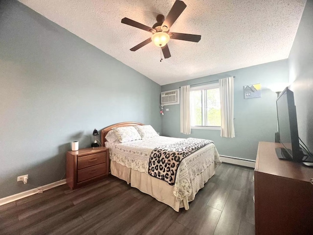 11 Echo Ct Unit 17, Vernon Hills, IL 60061 - bedroom featuring a textured ceiling, a baseboard heating unit, lofted ceiling, dark wood-style flooring, and a wall mounted AC