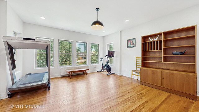 117 S Grove Ave, Oak Park, IL 60302 - workout area featuring light wood-type flooring, radiator heating unit, recessed lighting, and baseboard heating