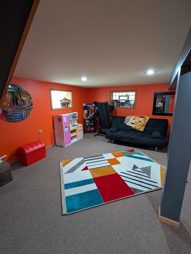 playroom featuring plenty of natural light, carpet, and recessed lighting