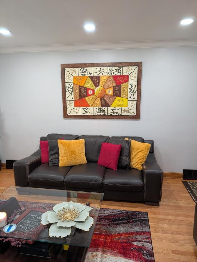 living area featuring ornamental molding, light wood-style floors, and recessed lighting