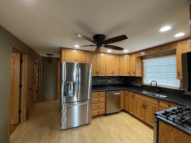 10505 S Central Park Ave, Chicago, IL 60655 - kitchen with appliances with stainless steel finishes, light wood-style floors, a ceiling fan, dark countertops, and recessed lighting