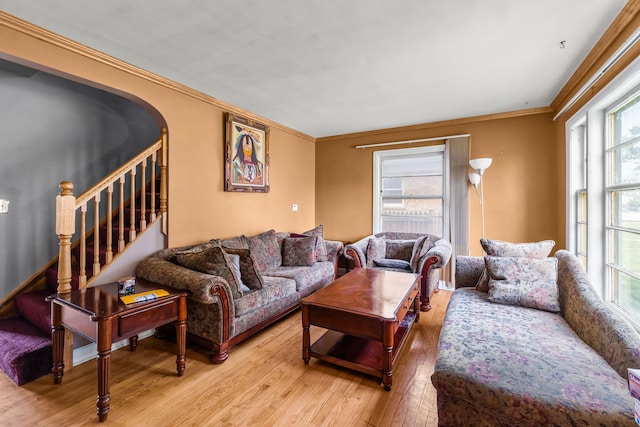 3914 Madison St, Bellwood, IL 60104 - living room featuring hardwood / wood-style flooring, stairway, and crown molding