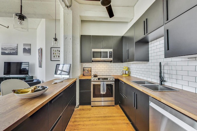 124 W Polk St Unit 603, Chicago, IL 60605 - kitchen with wooden counters, appliances with stainless steel finishes, tasteful backsplash, and light wood-style flooring