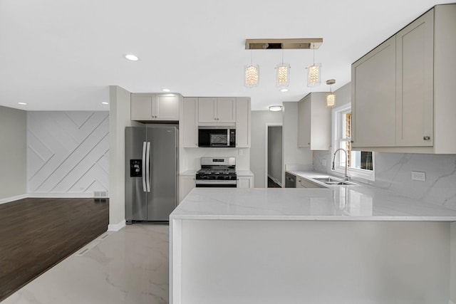 17401 Emerson Ave, Hazel Crest, IL 60429 - kitchen featuring appliances with stainless steel finishes, gray cabinetry, a peninsula, light stone counters, and recessed lighting