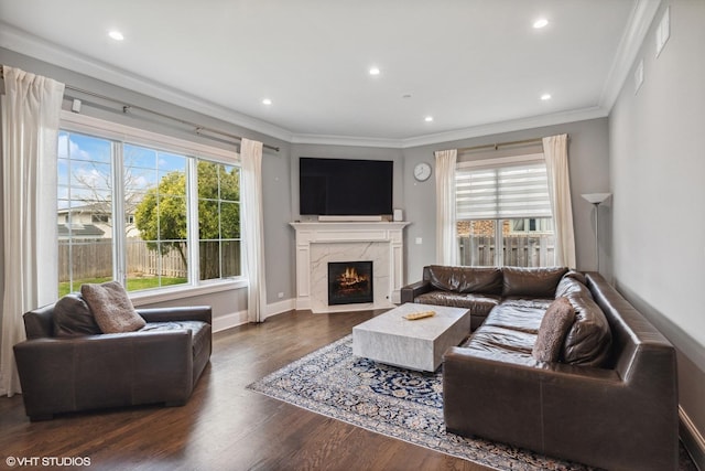 1780 Prairie Ave, Northbrook, IL 60062 - living room featuring wood finished floors, crown molding, a fireplace, and recessed lighting