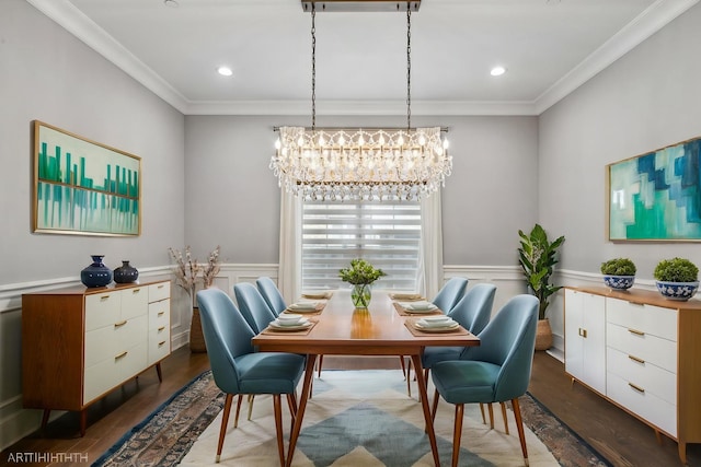 1780 Prairie Ave, Northbrook, IL 60062 - dining room with a chandelier, dark wood finished floors, crown molding, a wainscoted wall, and recessed lighting