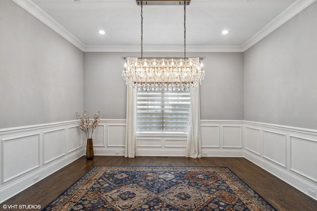 1780 Prairie Ave, Northbrook, IL 60062 - unfurnished dining area featuring a chandelier, dark wood-style floors, crown molding, a wainscoted wall, and recessed lighting