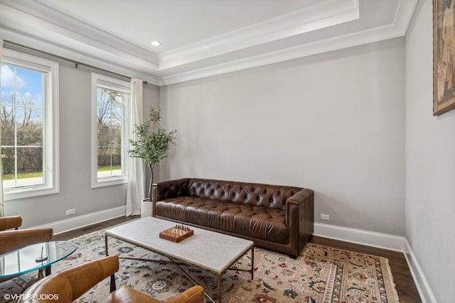 1780 Prairie Ave, Northbrook, IL 60062 - living room with a raised ceiling, crown molding, wood finished floors, and recessed lighting